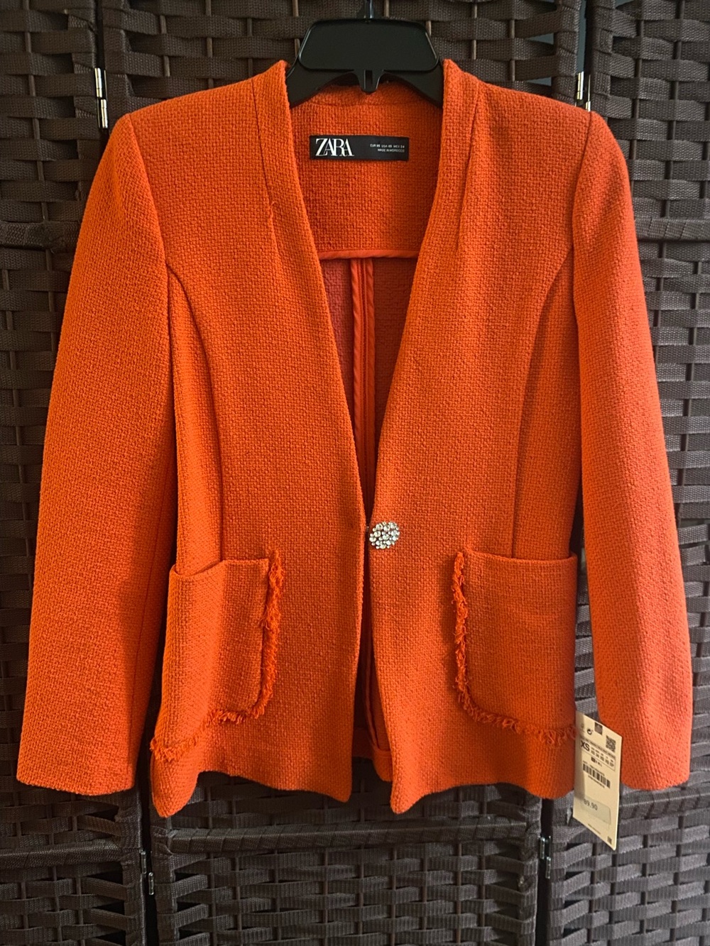 Zara Bright Orange Textured Open Blazer with Decorative Button